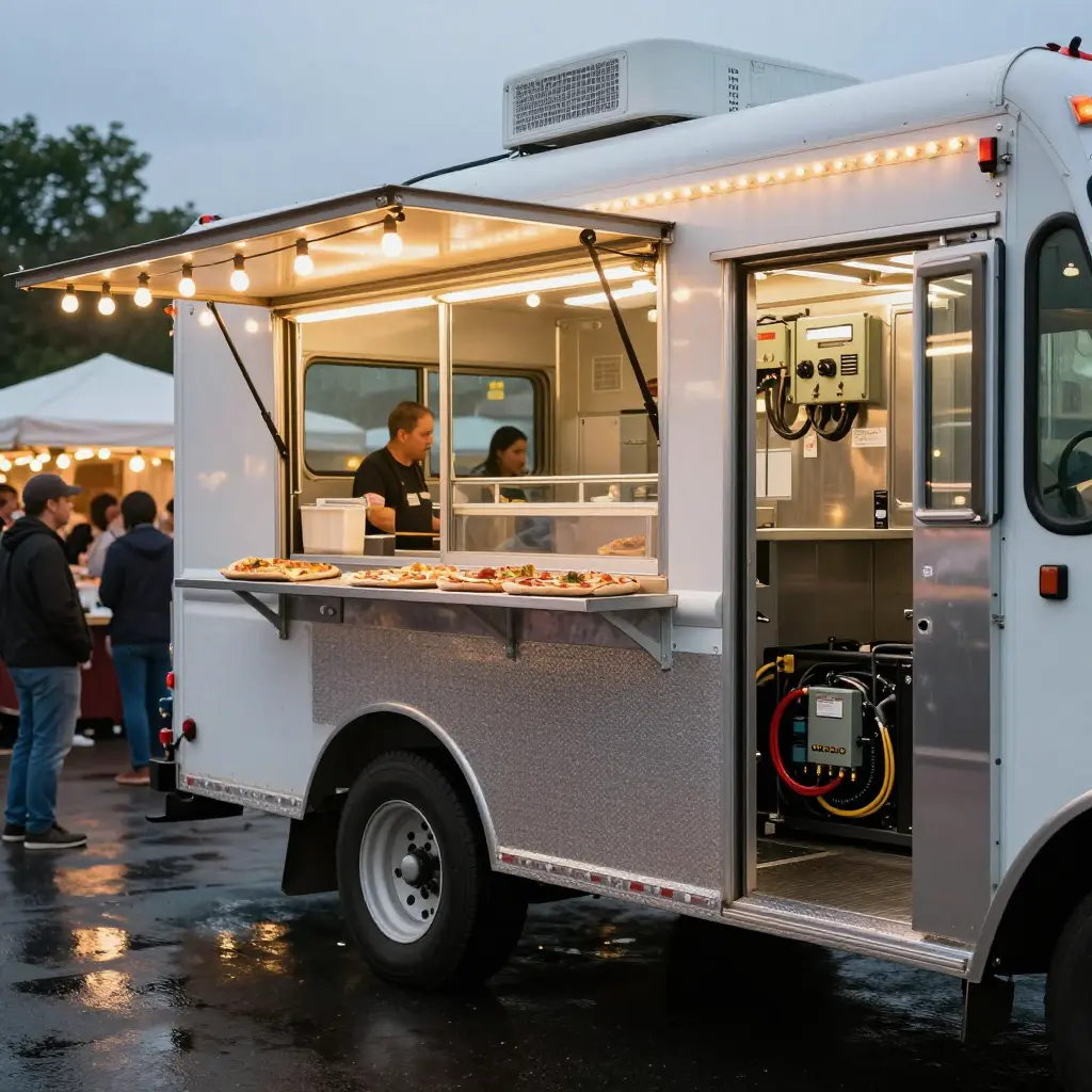 Pizza food truck at an evening market with its generator access panel open