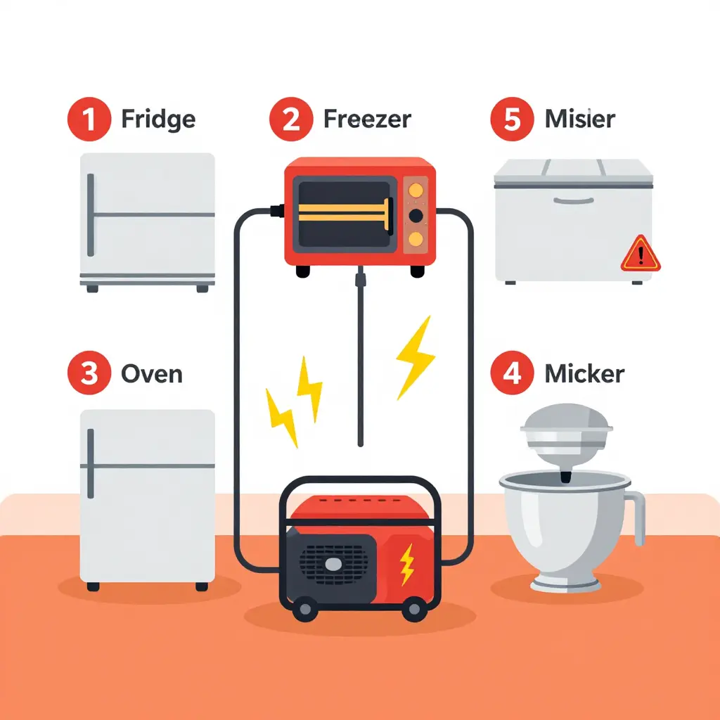 Infographic diagram of a pizza truck generator power system showing staggered startup order for the fridge, freezer, oven, and mixer, with surge icons and a tripped breaker warning