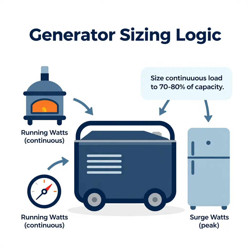 Flat vector diagram showing generator sizing logic with running watts and surge watts gauges
