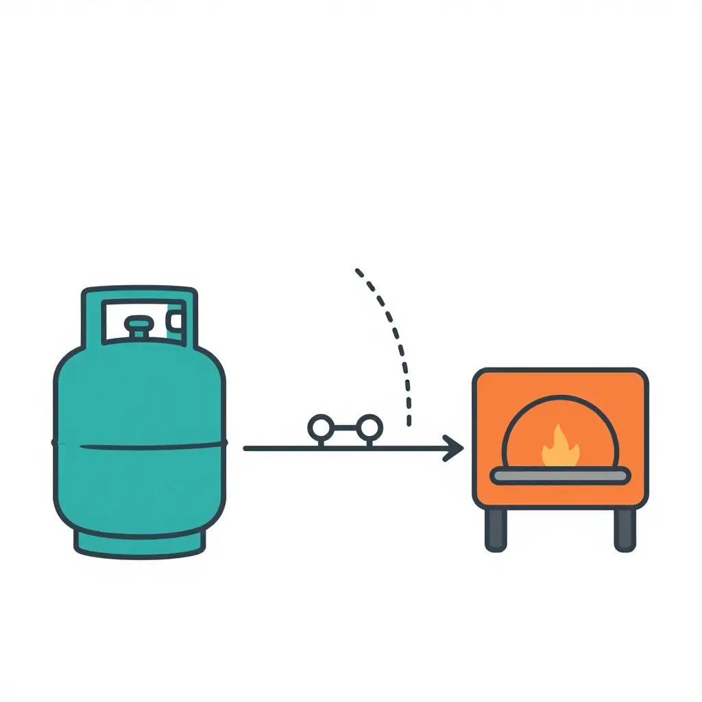 Simple two-dimensional schematic diagram of the propane supply flow, showing a propane tank on the left connected through a pressure regulator to a pizza oven on the right, with a dashed arrow pinching narrow between the regulator and the oven to illustrate restricted flow during a demand spike.