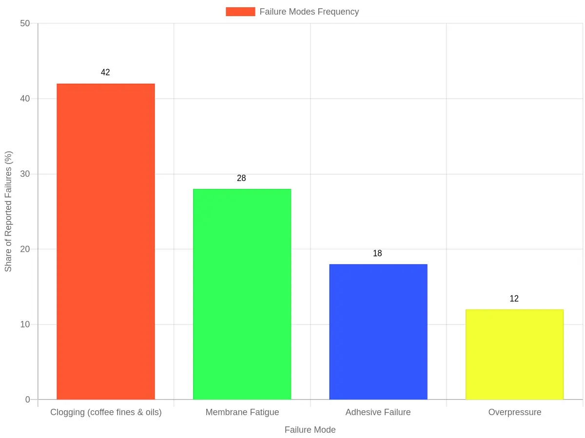 Bar chart comparing the frequency of one-way valve failure modes in coffee packaging: clogging, membrane fatigue, adhesive failure, and overpressure