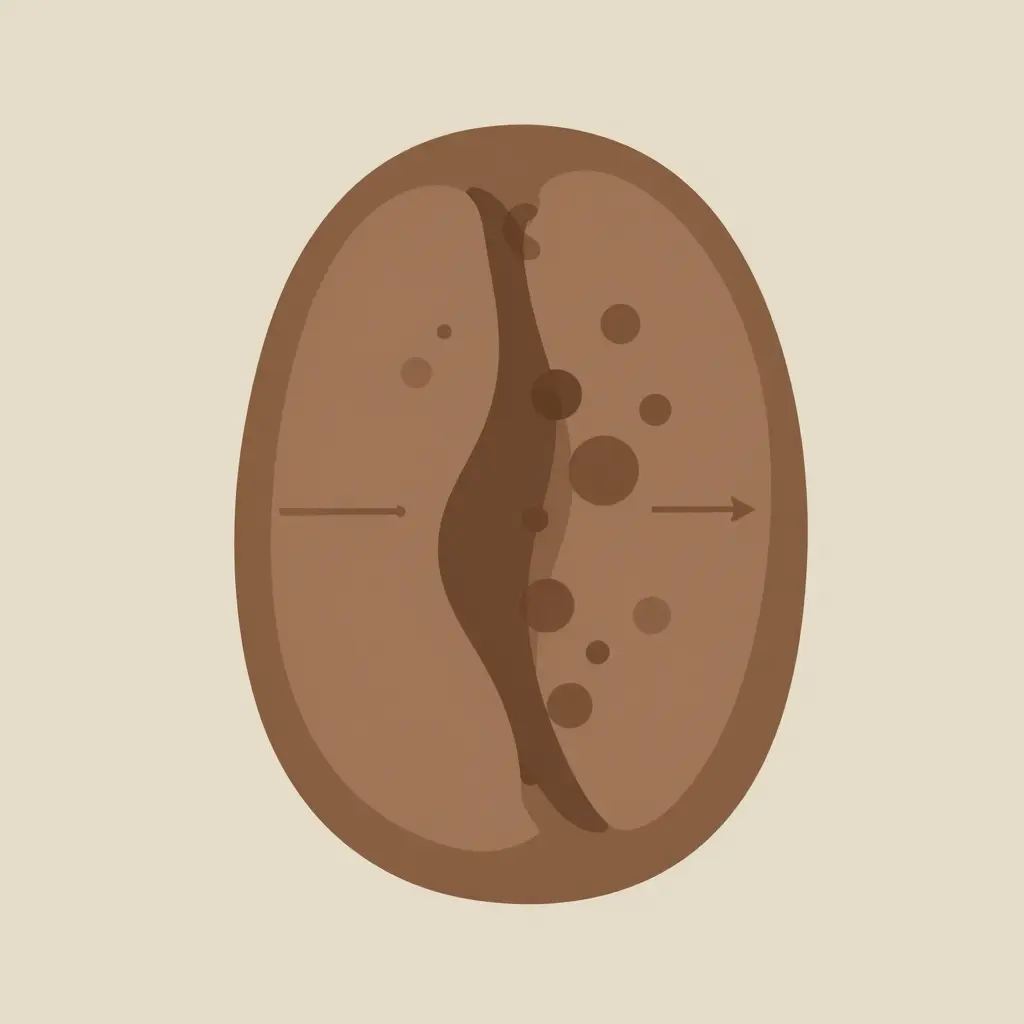 Flat 2D cross-section of a roasted coffee bean showing carbon dioxide bubbles forming in the center and migrating toward the surface