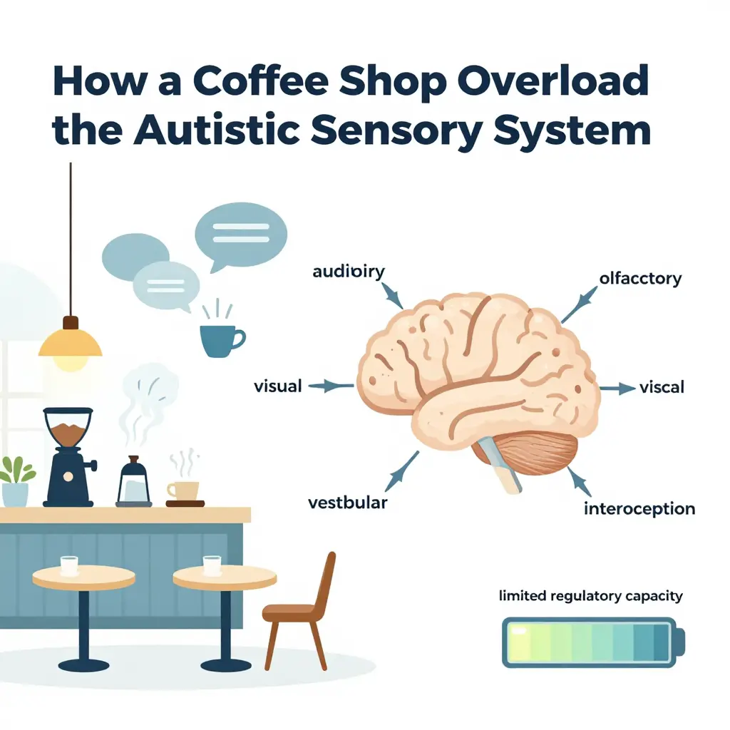 Diagram showing coffee shop sensory inputs flowing into the auditory, olfactory, visual, tactile, vestibular, and interoception channels, with a limited regulatory capacity gauge draining